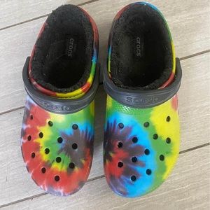Lined multi colored crocs.